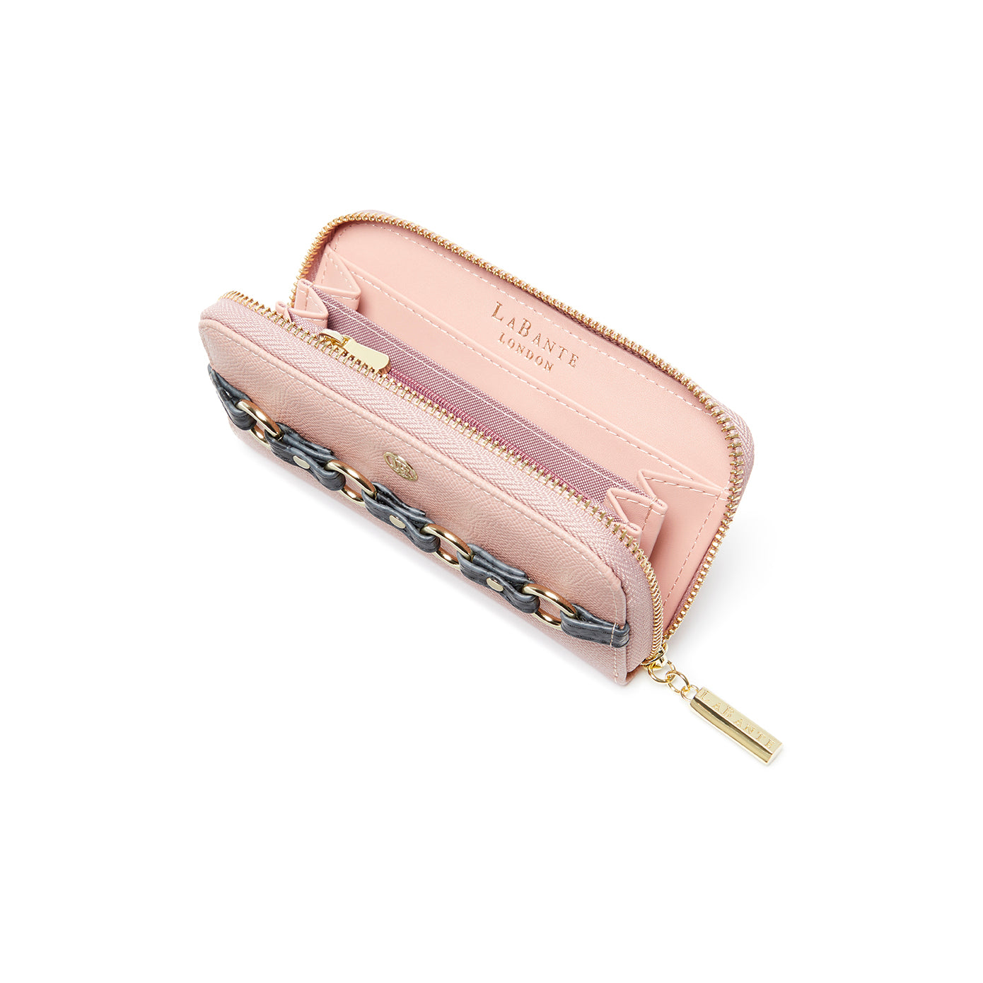 Ellen Pink Zip Around Wallet featuring a textured vegan snake exterior, multiple card slots, and a zip coin compartment.