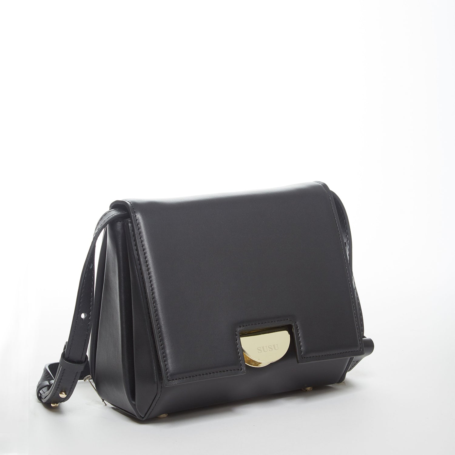 Elizabeth Black Leather Saddle Bag featuring a geometric shape, gold hardware, and adjustable strap, perfect for stylish organization.