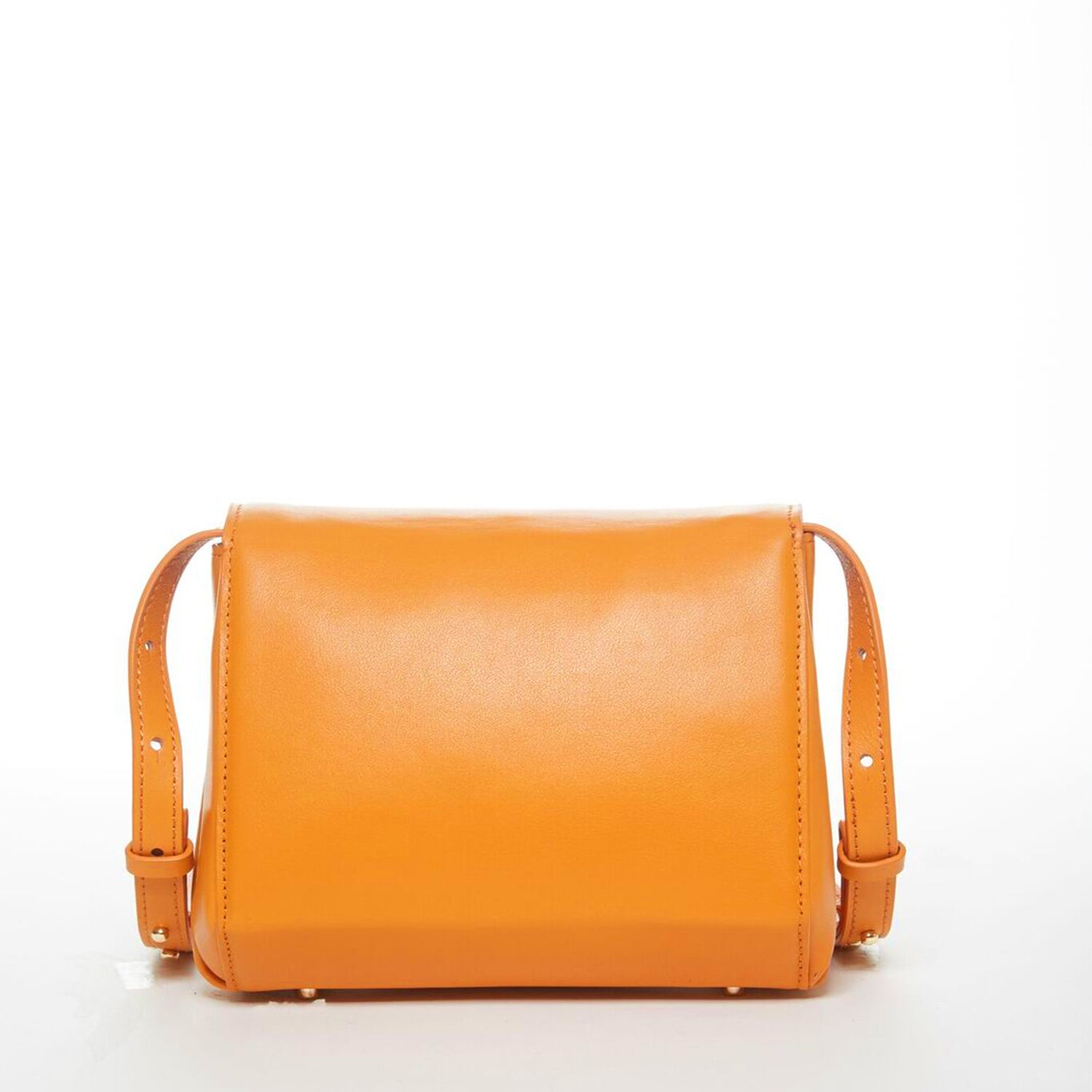 Elizabeth Dark Orange Leather Saddle Bag with gold hardware and adjustable strap, showcasing its geometric shape and teal interior.