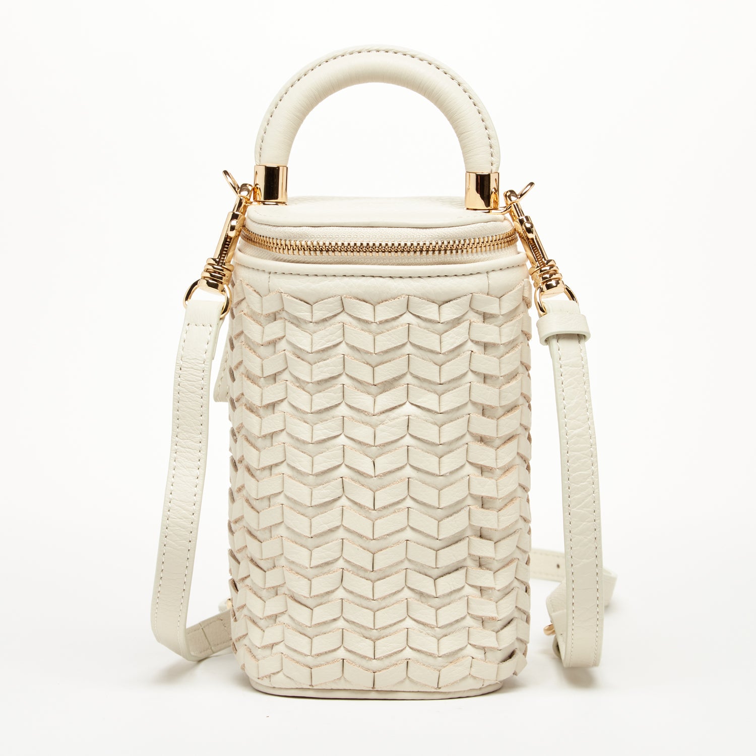 Elsa Basket Weave Leather Bag in off-white with light gold chain and teal interior, showcasing a stylish and compact design.