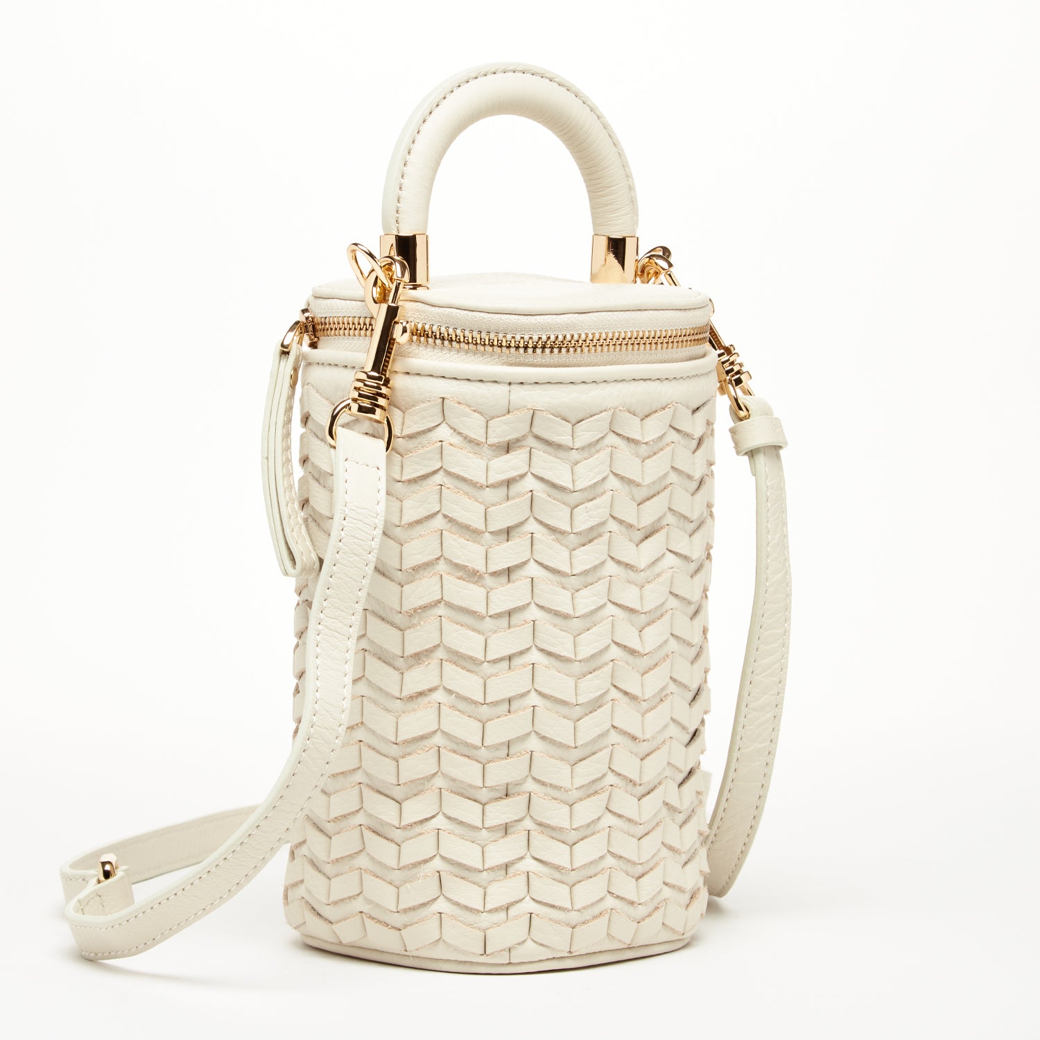 Elsa Basket Weave Leather Bag in off-white with light gold chain and teal interior, showcasing a stylish and compact design.