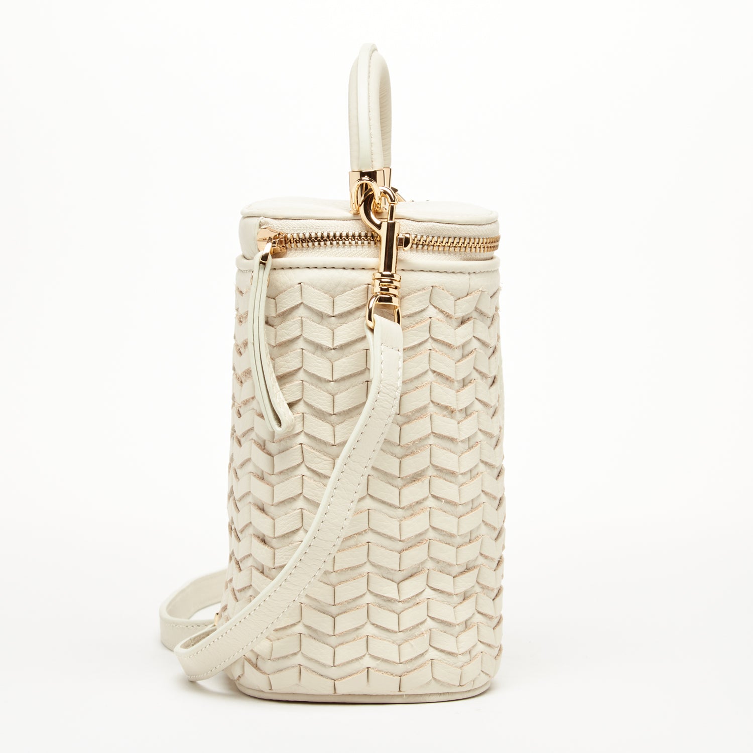 Elsa Basket Weave Leather Bag in off-white with light gold chain and teal interior, showcasing a stylish and compact design.