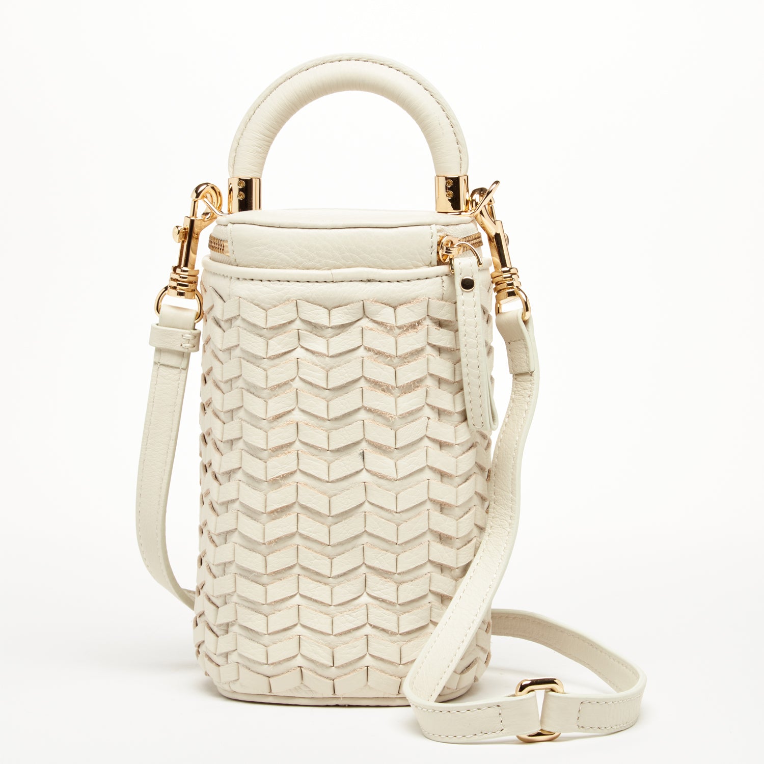 Elsa Basket Weave Leather Bag in off-white with light gold chain and teal interior, showcasing a stylish and compact design.