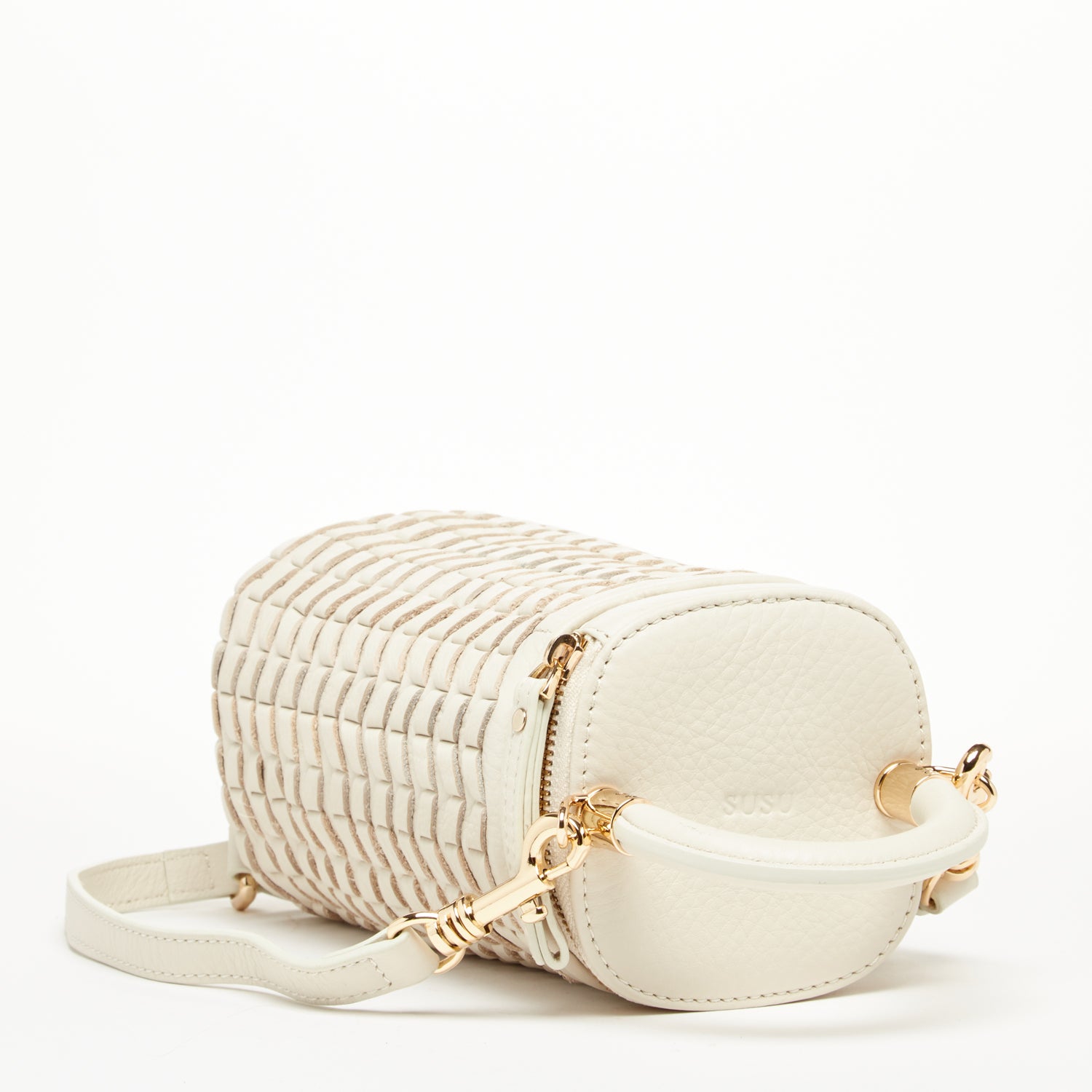 Elsa Basket Weave Leather Bag in off-white with light gold chain and teal interior, showcasing a stylish and compact design.