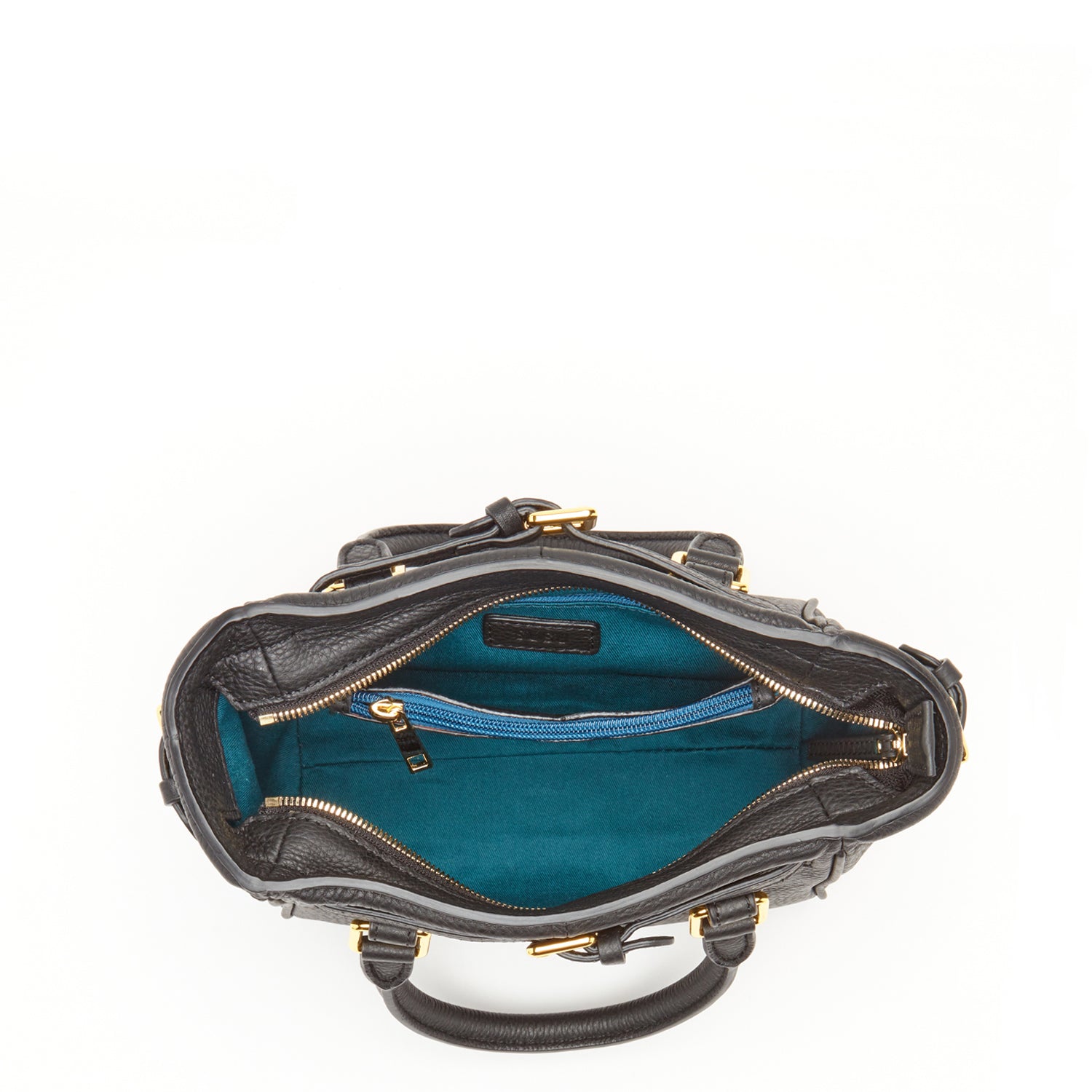 Emma Leather Satchel Bag in Black, showcasing premium Italian leather with gold chain accents and teal interior.