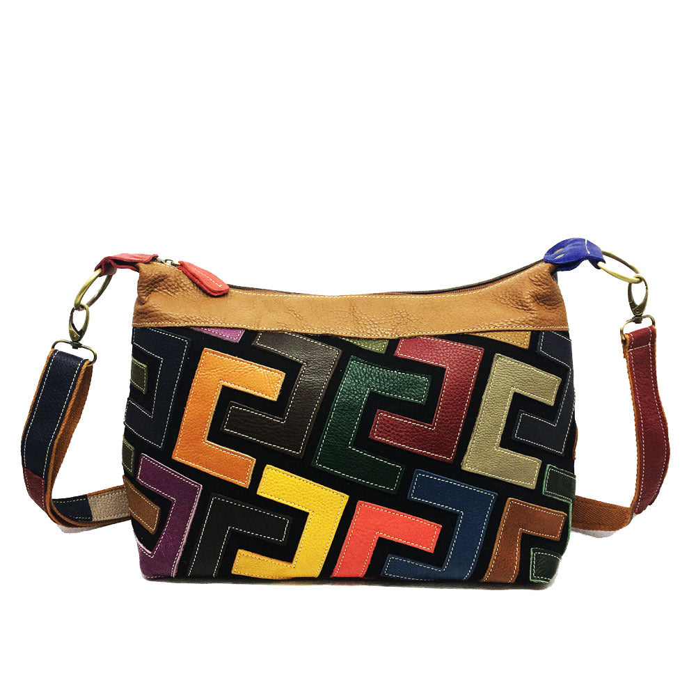 A stylish Europe Style Colorful Leather Crossbody Messenger Bag featuring a geometric pattern and soft cowhide material, perfect for modern women.