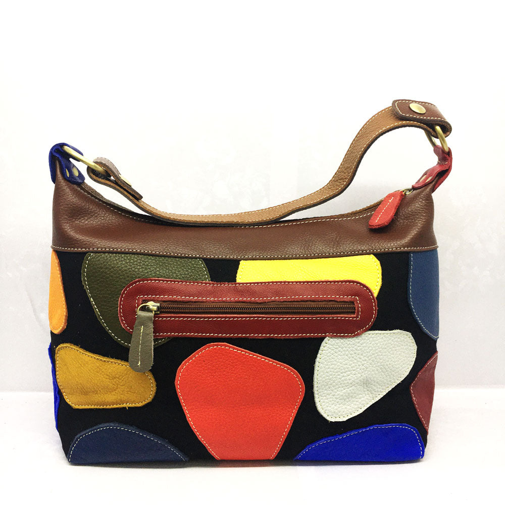 A stylish Europe Style Colorful Leather Crossbody Messenger Bag featuring a geometric pattern and soft cowhide material, perfect for modern women.