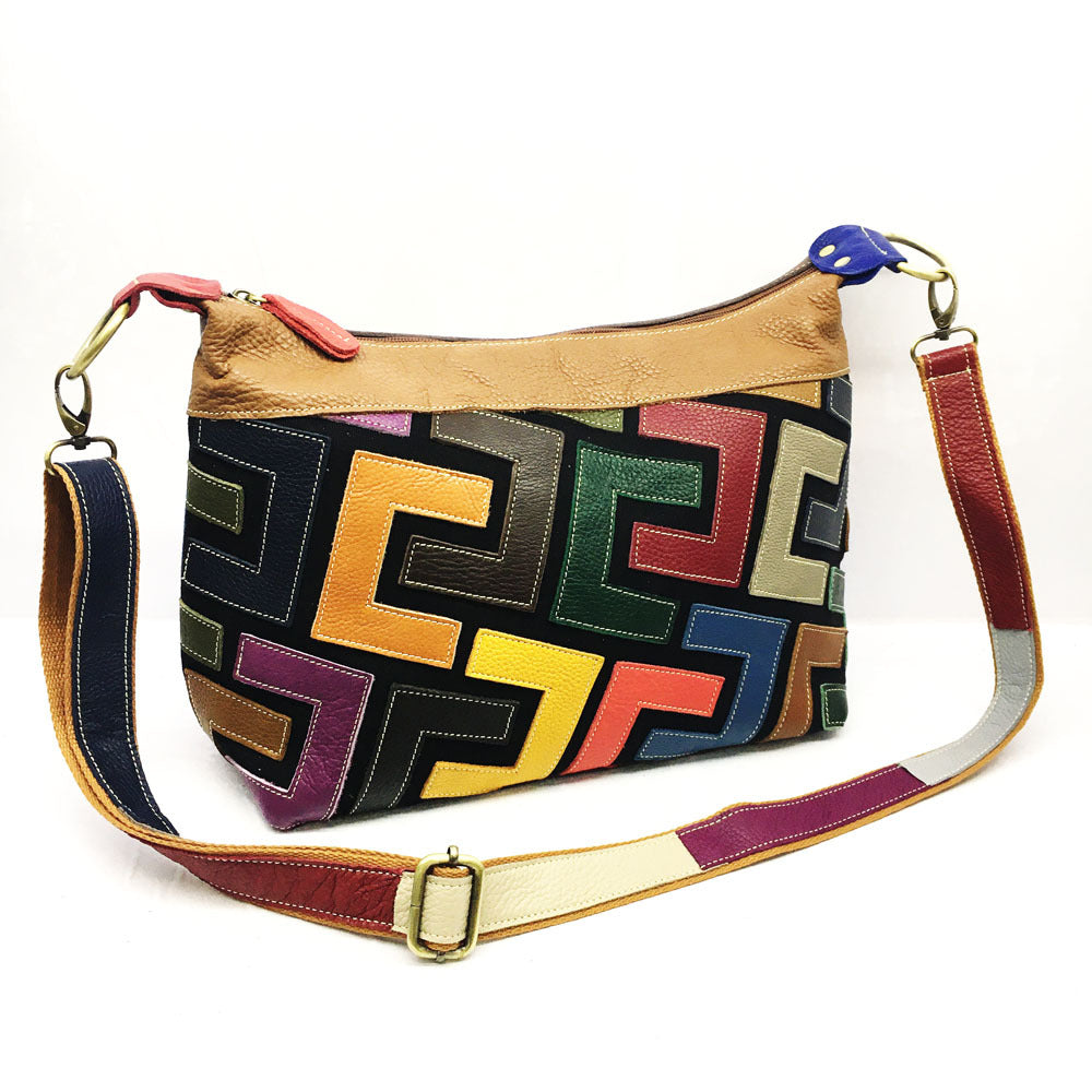 A stylish Europe Style Colorful Leather Crossbody Messenger Bag featuring a geometric pattern and soft cowhide material, perfect for modern women.