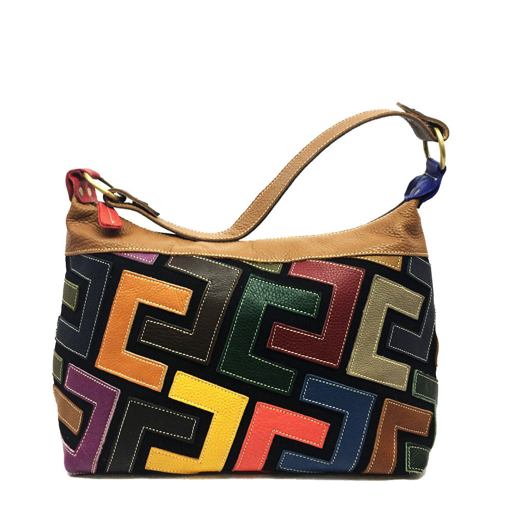 A stylish Europe Style Colorful Leather Crossbody Messenger Bag featuring a geometric pattern and soft cowhide material, perfect for modern women.