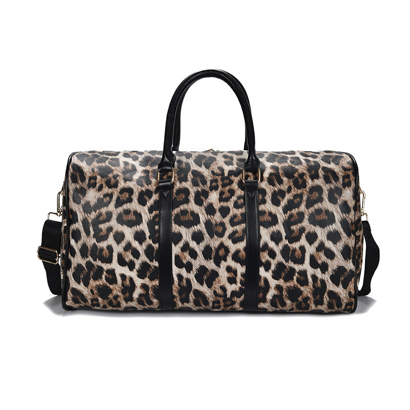 Stylish European and American fashion leopard printed bag with a horizontal square shape, featuring a PU exterior and adjustable shoulder strap.