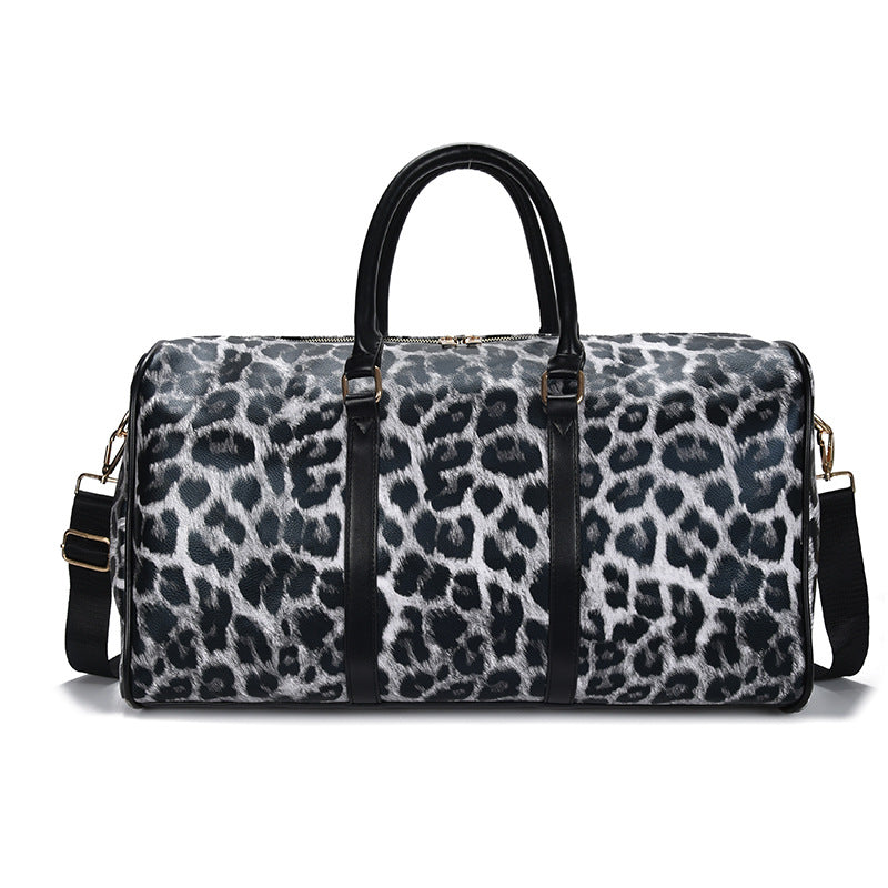 Stylish European and American fashion leopard printed bag with a horizontal square shape, featuring a PU exterior and adjustable shoulder strap.