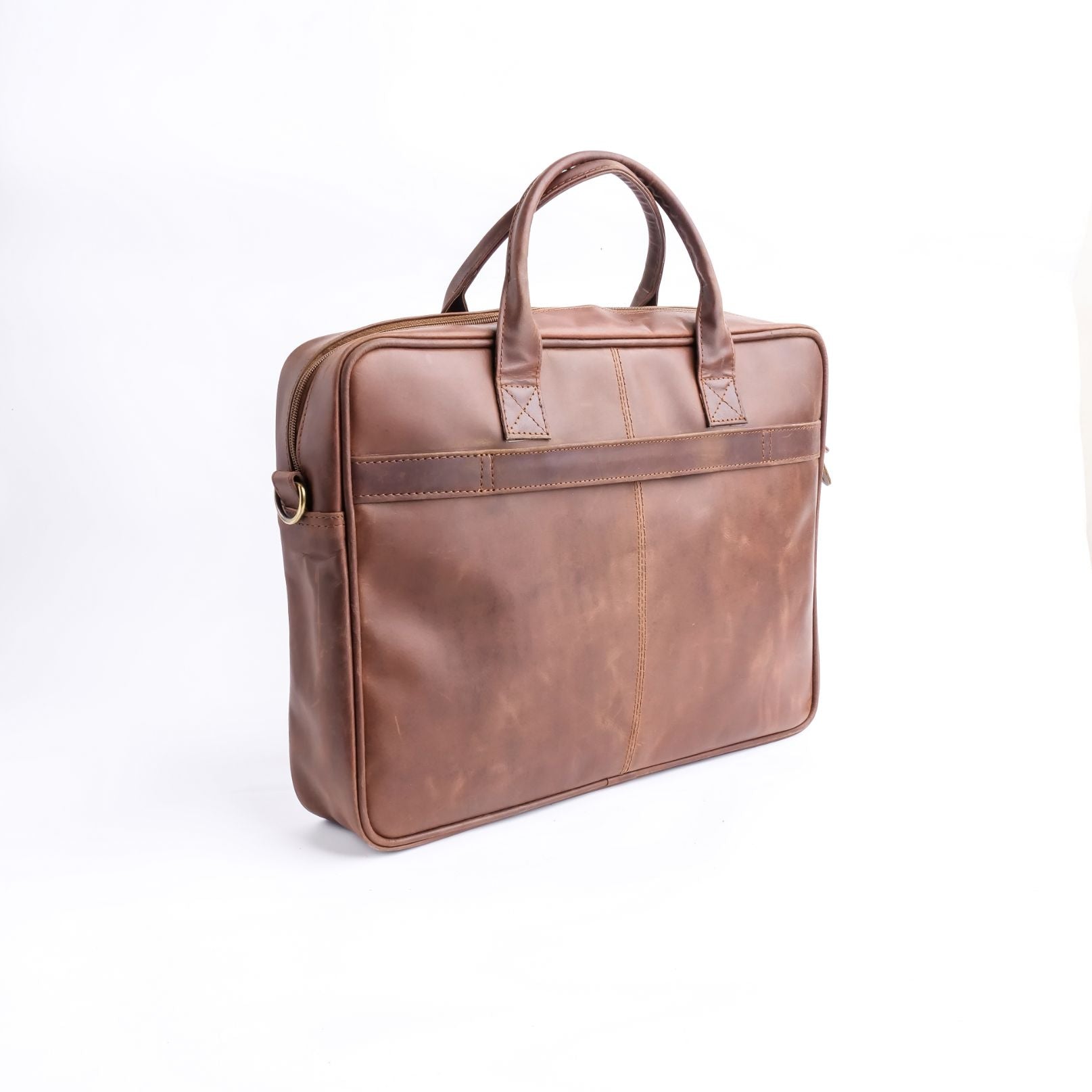 Tan brown leather laptop bag with vintage two-tone design, featuring adjustable shoulder strap and multiple compartments.