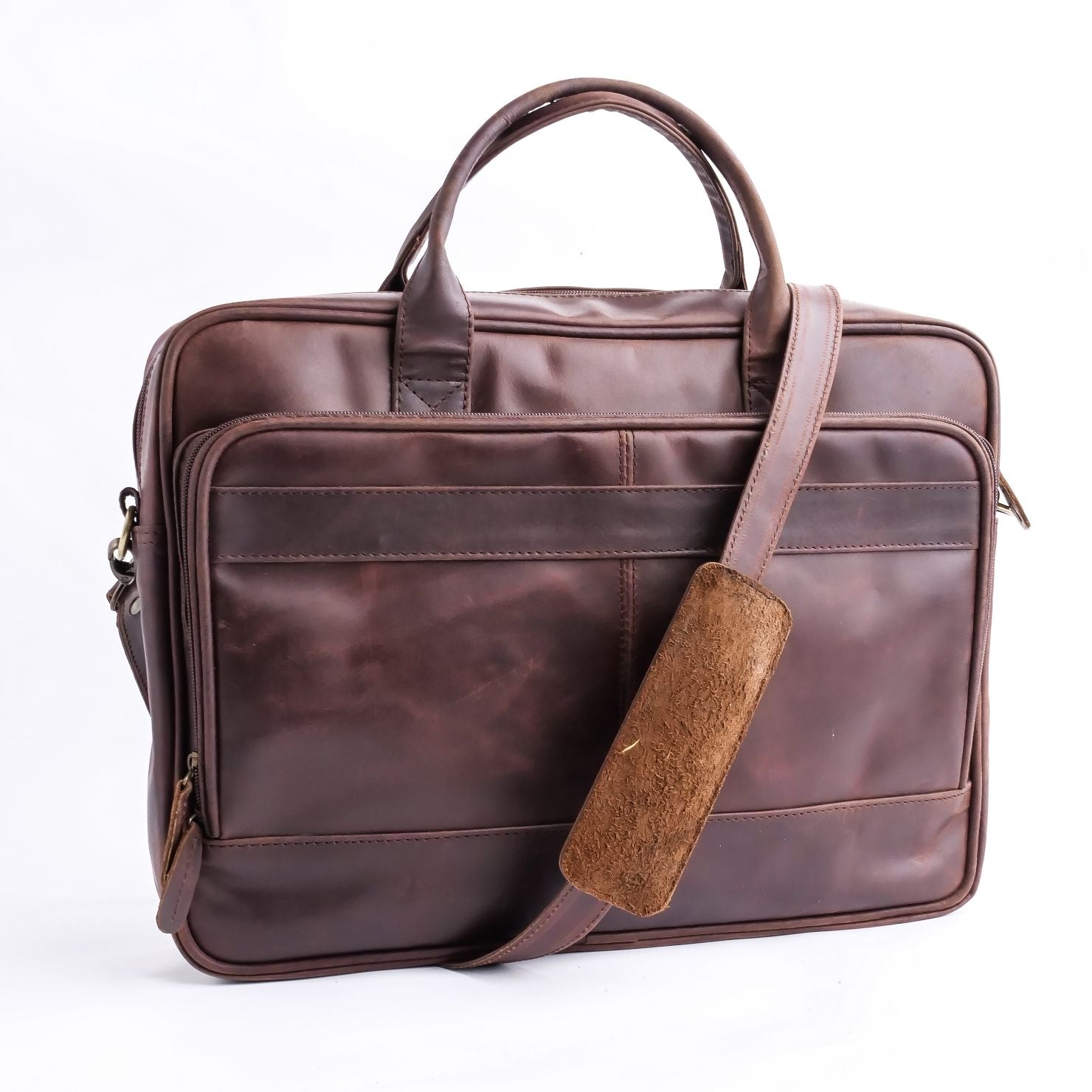 Everyday Companion Leather Laptop Bag in Vintage Midnight Brown, showcasing its genuine leather texture and stylish design.