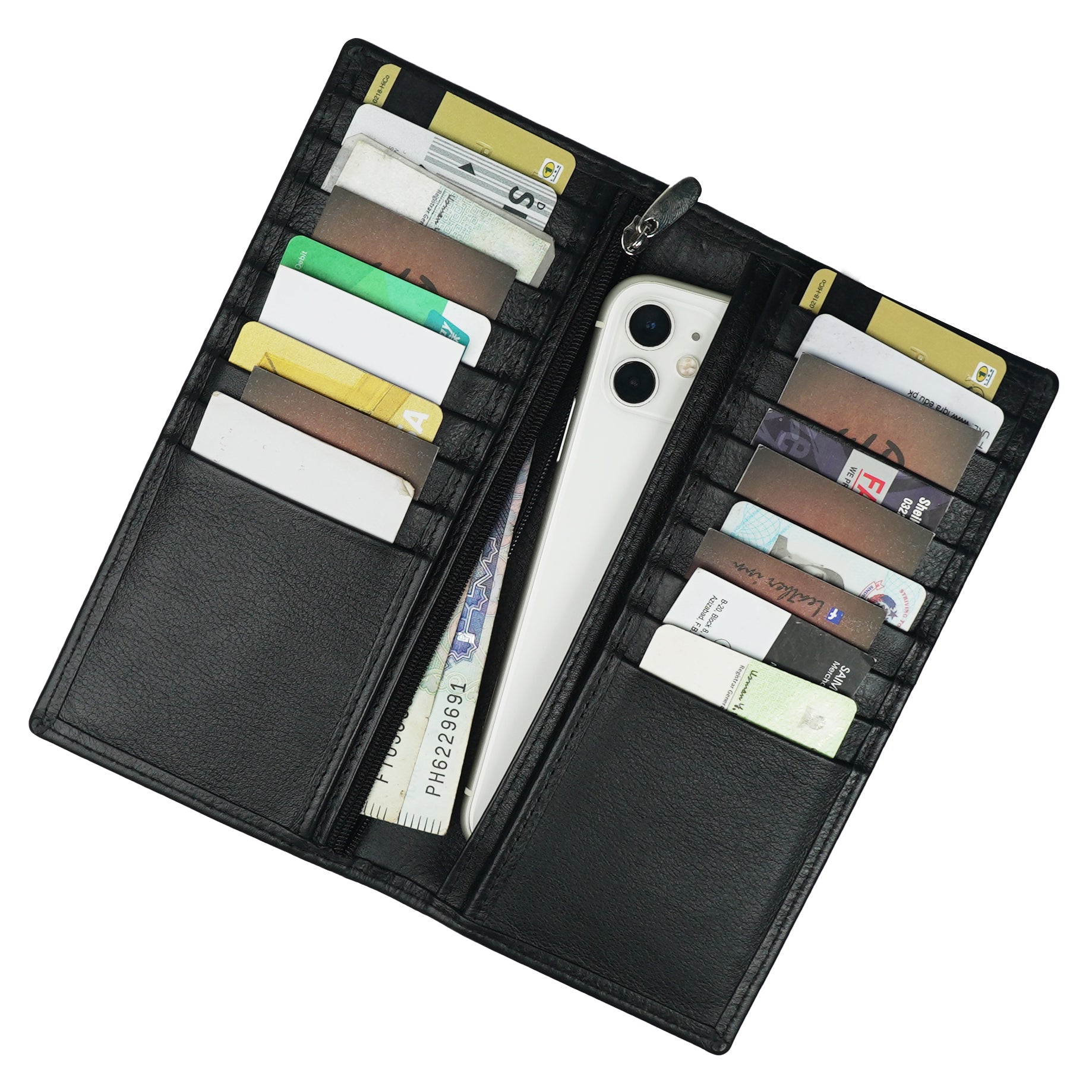 Executive Leather Long Wallet in black, featuring a sleek design with multiple compartments and credit card slots.