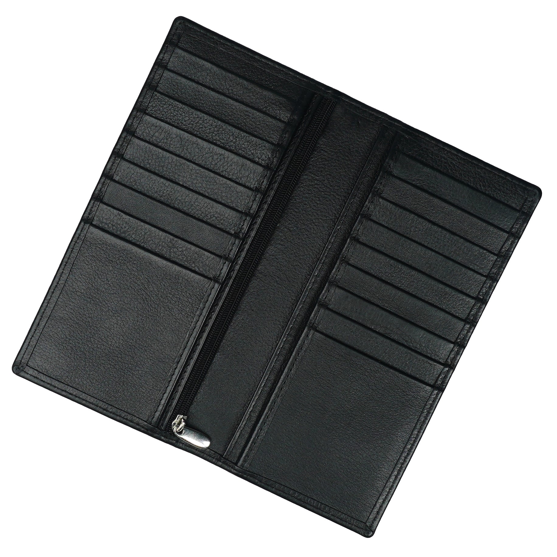 Executive Leather Long Wallet in black, featuring a sleek design with multiple compartments and credit card slots.