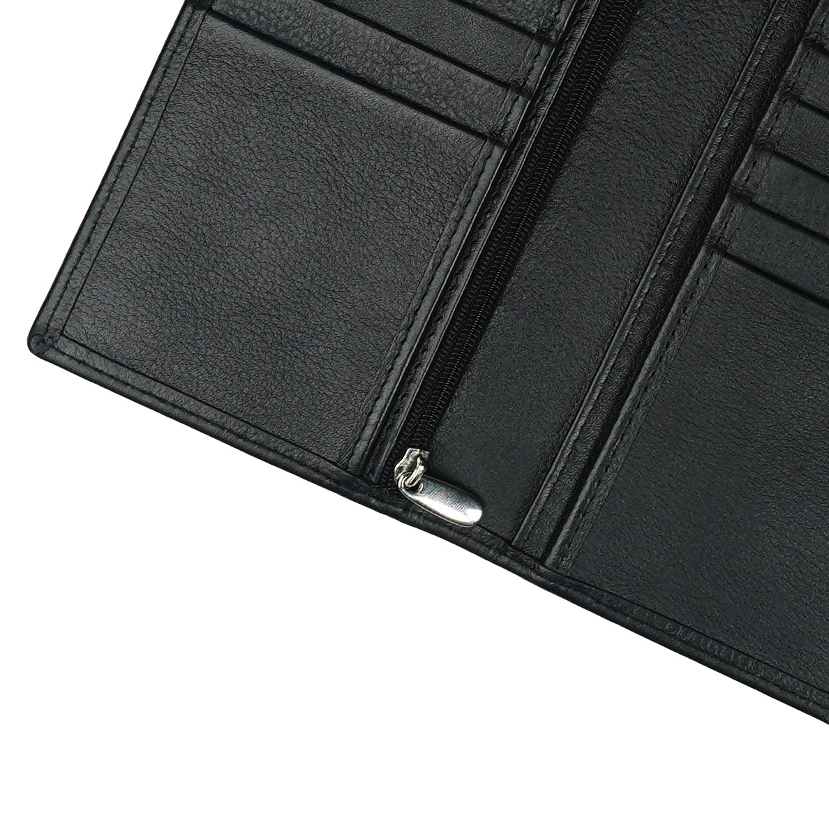 Executive Leather Long Wallet in black, featuring a sleek design with multiple compartments and credit card slots.