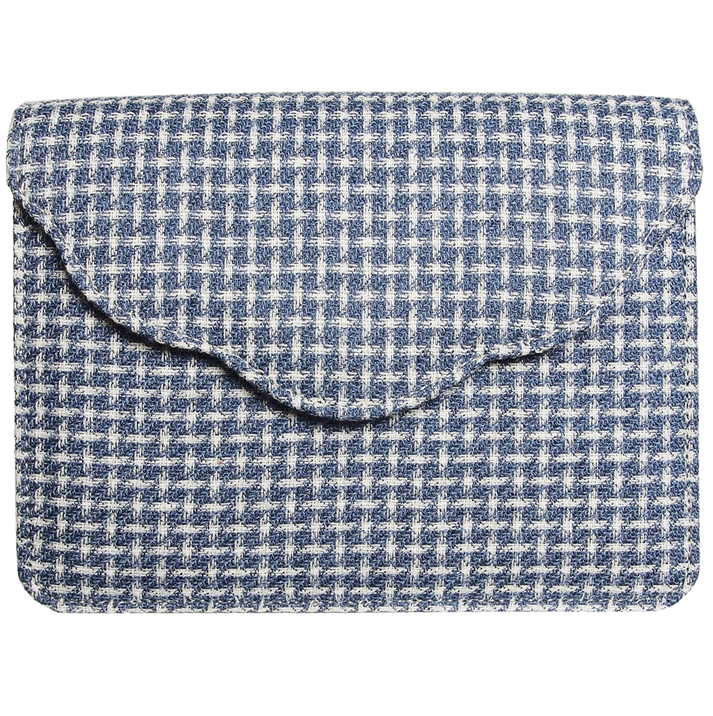 Stylish blue fabric belt pouch with gold plated buckle, handmade in Italy, featuring eco-wool and cotton materials.