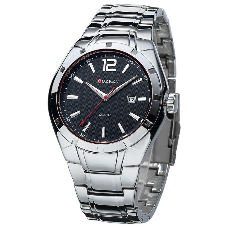 Fashion Casual Calendar Quartz Watch for Men with alloy strap and sleek design, featuring a calendar function and waterproof capability.