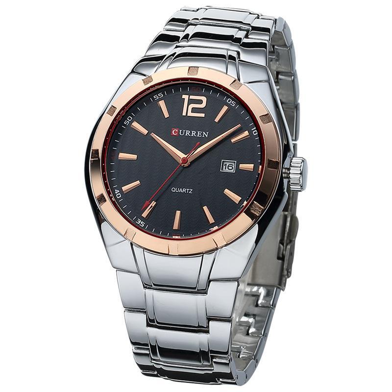 Fashion Casual Calendar Quartz Watch for Men with alloy strap and sleek design, featuring a calendar function and waterproof capability.