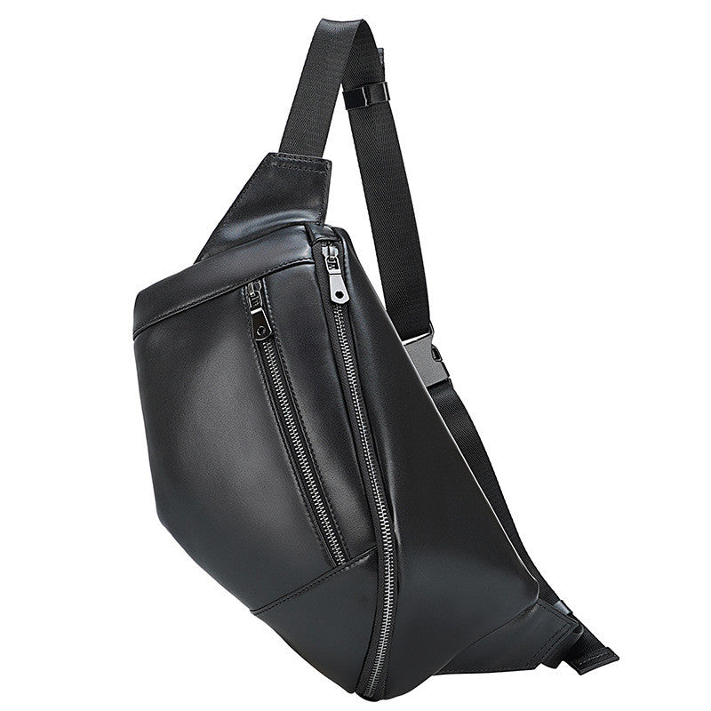 Fashion Leather Multifunctional Chest Bag in black, showcasing its sleek design and trapezoid shape, ideal for casual outings.