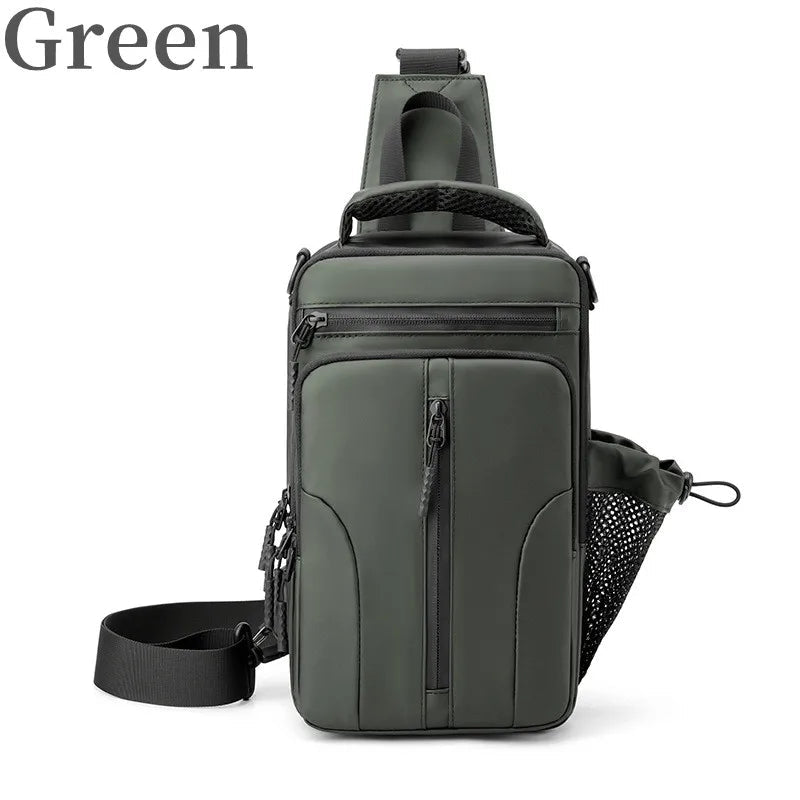 Fashion Men's Chest Bag in waterproof nylon, featuring adjustable padded strap and USB charging port, ideal for outdoor and daily use.