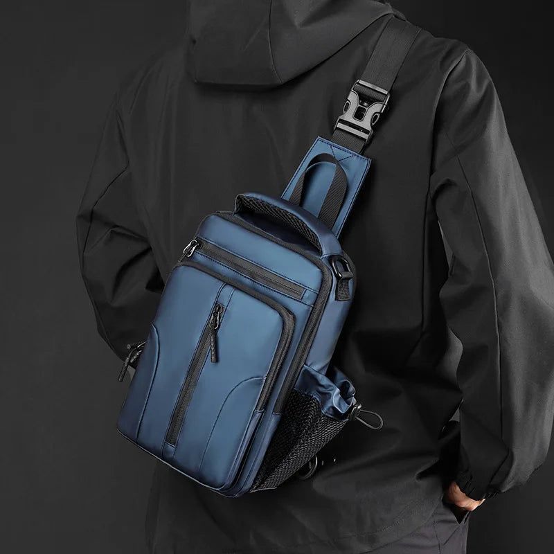 Fashion Men's Chest Bag in waterproof nylon, featuring adjustable padded strap and USB charging port, ideal for outdoor and daily use.