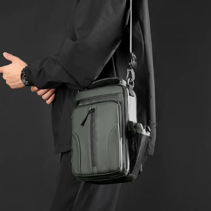 Fashion Men's Chest Bag in waterproof nylon, featuring adjustable padded strap and USB charging port, ideal for outdoor and daily use.