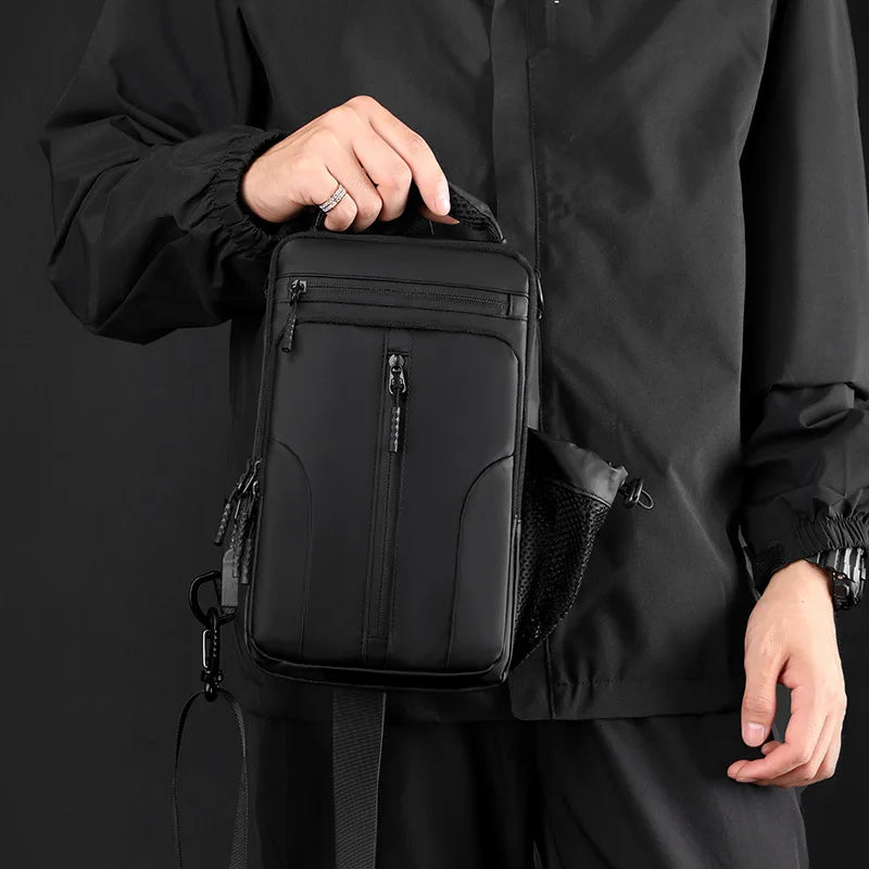 Fashion Men's Chest Bag in waterproof nylon, featuring adjustable padded strap and USB charging port, ideal for outdoor and daily use.