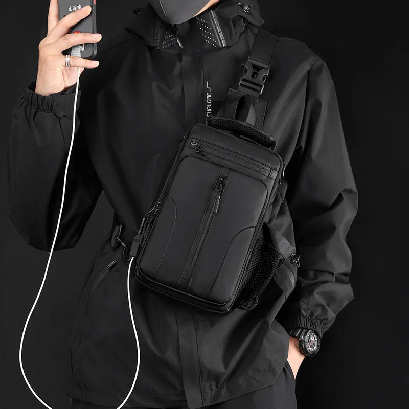 Fashion Men's Chest Bag in waterproof nylon, featuring adjustable padded strap and USB charging port, ideal for outdoor and daily use.