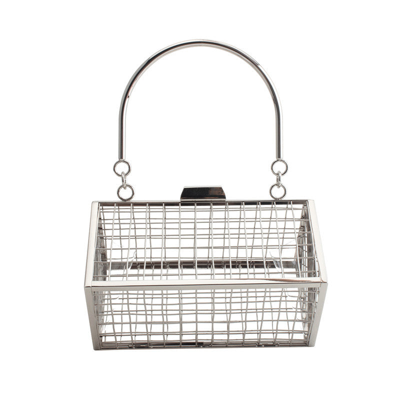 Fashion Metal Hollow Iron Mesh Handbag with a chic hollow design, showcasing its durable metal construction and stylish appearance.