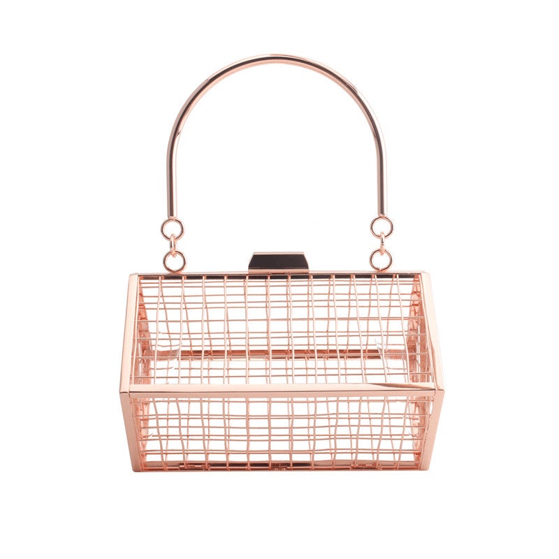 Fashion Metal Hollow Iron Mesh Handbag with a chic hollow design, showcasing its durable metal construction and stylish appearance.