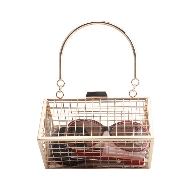 Fashion Metal Hollow Iron Mesh Handbag with a chic hollow design, showcasing its durable metal construction and stylish appearance.