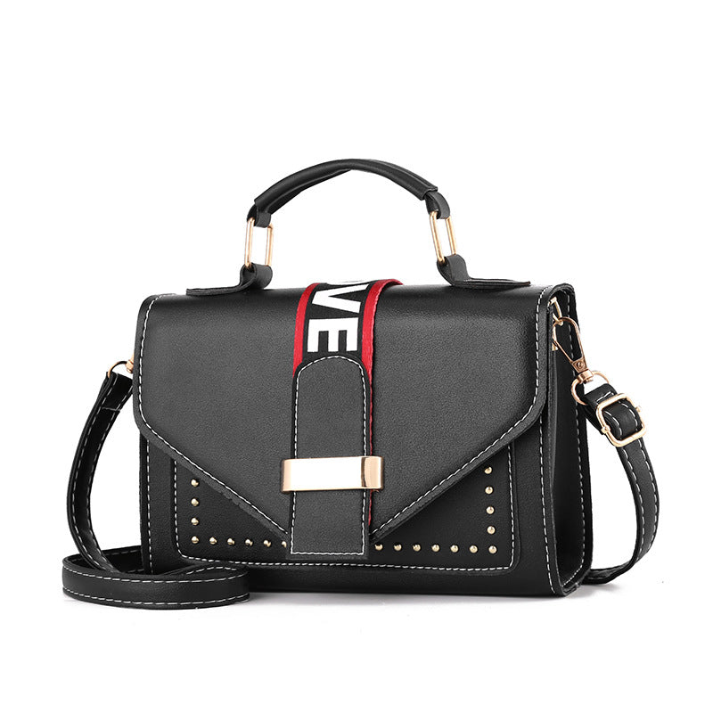 Fashion Single Shoulder Small Square Messenger Bag in PU leather with rivet accents, showcasing its stylish design and compact size.