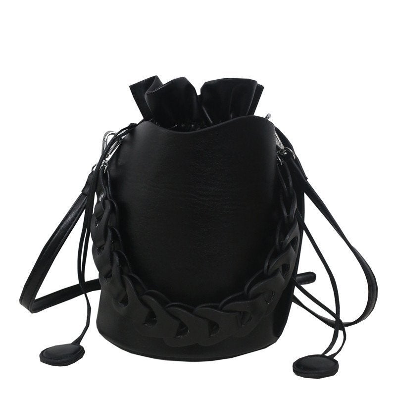 Fashion Solid Color Casual Female Bucket Messenger Bag in various colors with trendy belt decoration and car stitching.