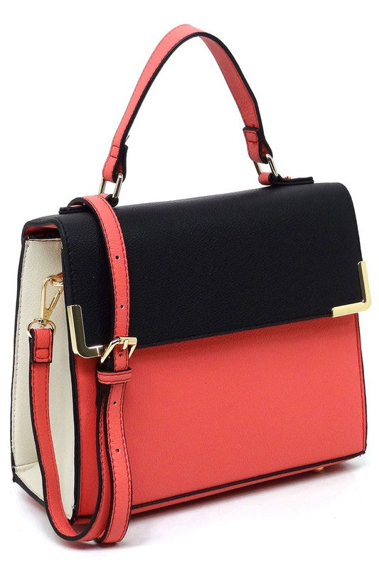 Fashion Top Handle Satchel in faux vegan leather with gold-tone hardware and detachable shoulder strap.