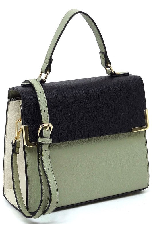 Fashion Top Handle Satchel in faux vegan leather with gold-tone hardware and detachable shoulder strap.