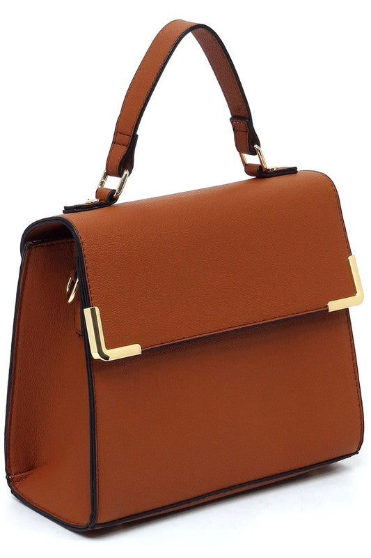 Fashion Top Handle Satchel in faux vegan leather with gold-tone hardware and detachable shoulder strap.