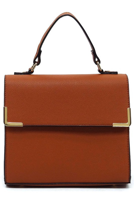 Fashion Top Handle Satchel in faux vegan leather with gold-tone hardware and detachable shoulder strap.