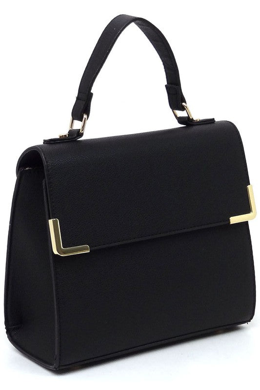 Fashion Top Handle Satchel in faux vegan leather with gold-tone hardware and detachable shoulder strap.