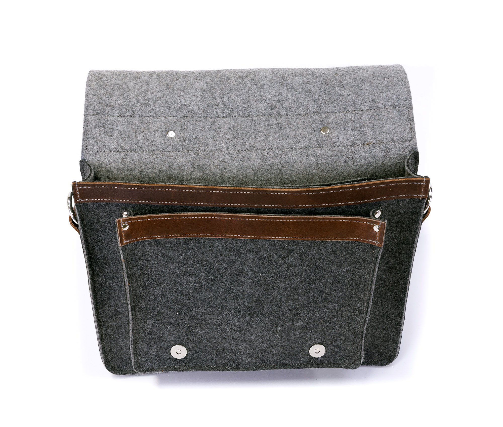 A stylish felt and leather messenger bag featuring silver hardware, adjustable strap, and multiple pockets for organization.