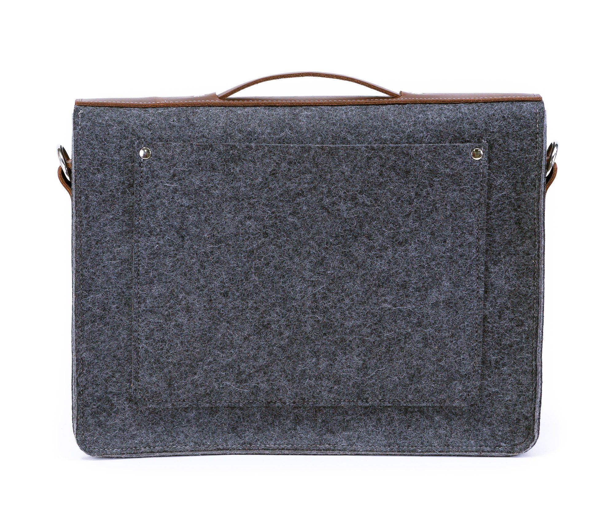 A stylish felt and leather messenger bag featuring silver hardware, adjustable strap, and multiple pockets for organization.