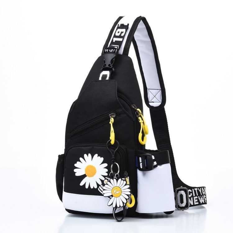 A stylish female Korean casual crossbody bag made of durable polyester, featuring a zipper opening and a mobile phone pocket, perfect for everyday use.