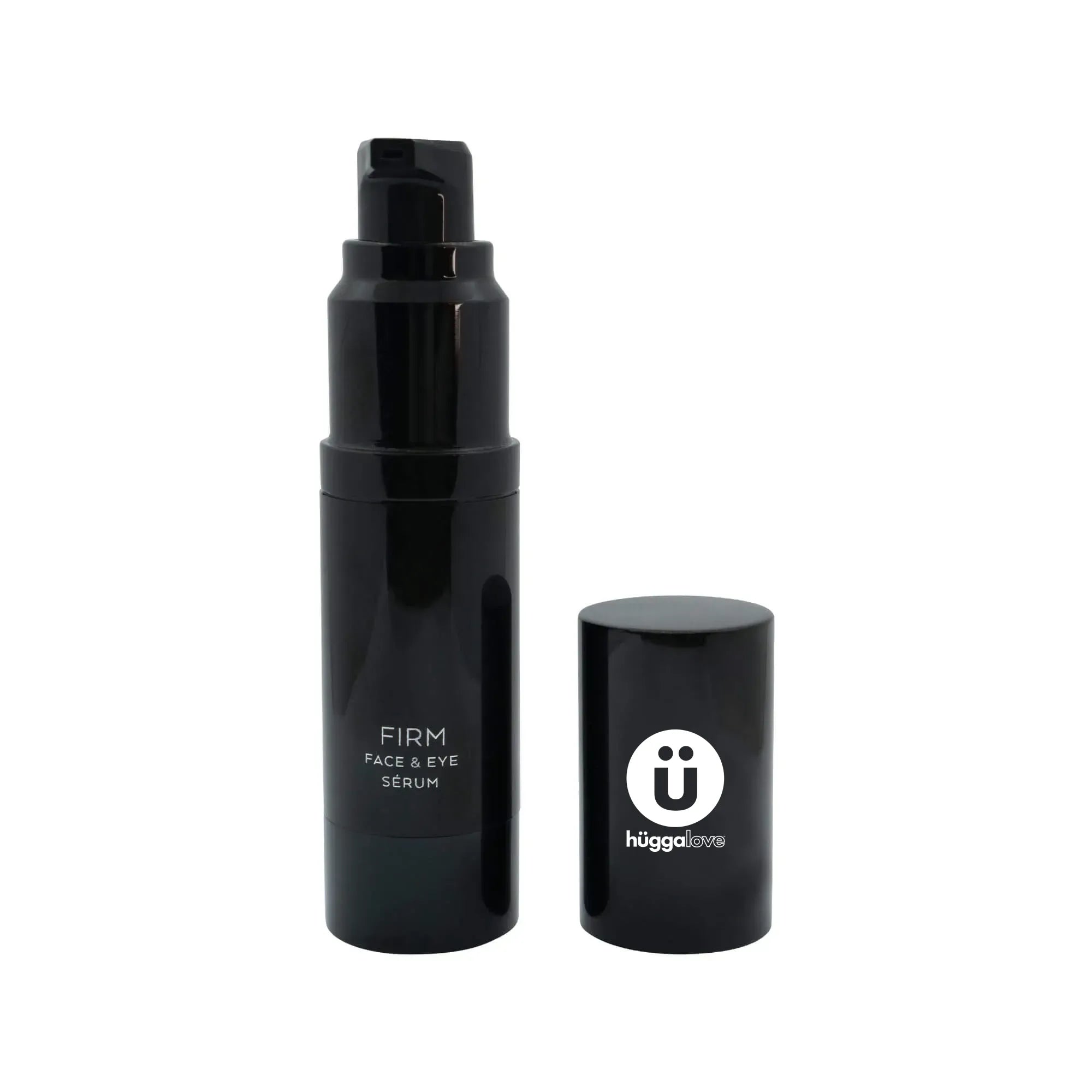 A bottle of Firm Serum with a sleek design, showcasing its anti-aging properties and key ingredients like cucumber extract.