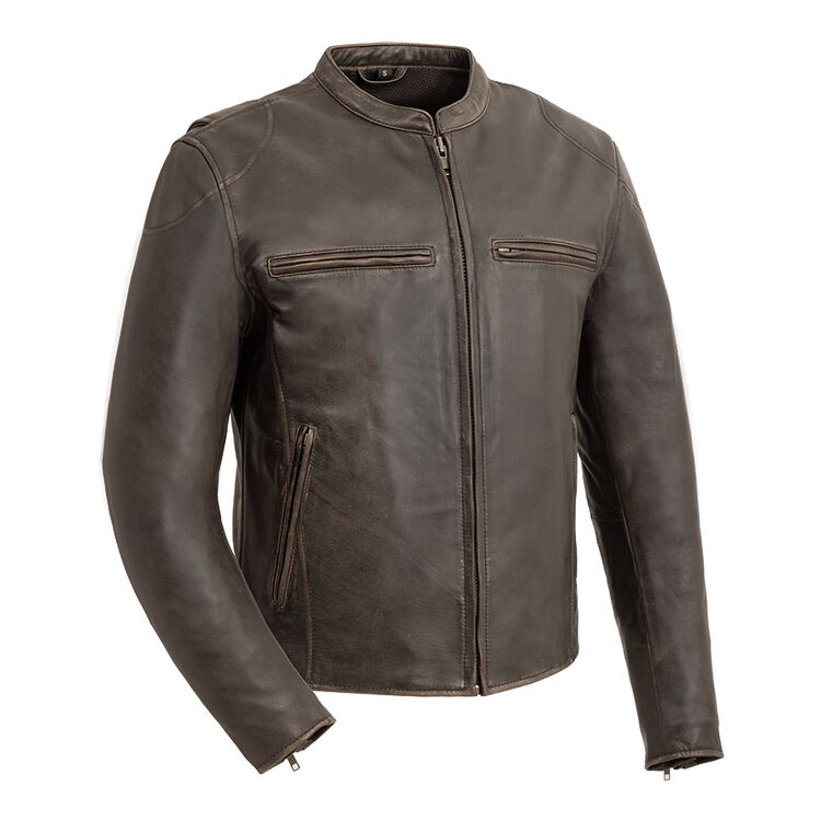 First Manufacturing Indy Jacket made from drum-dyed naked cowhide leather, featuring multiple pockets and ventilation for motorcycle riders.