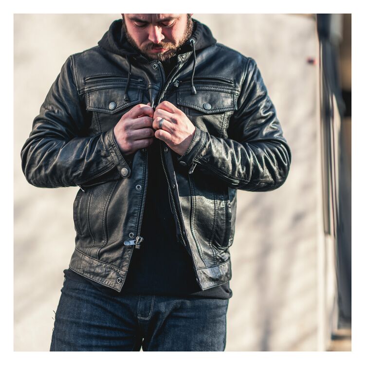 First Manufacturing Vendetta Jacket featuring a removable hoodie, leather and denim blend, and multiple pockets for storage.