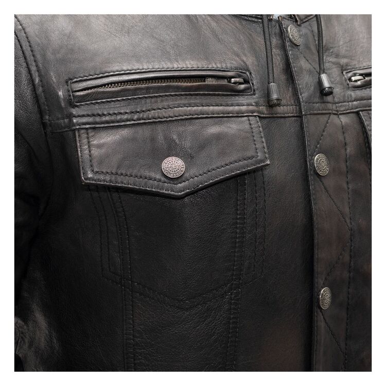 First Manufacturing Vendetta Jacket featuring a removable hoodie, leather and denim blend, and multiple pockets for storage.