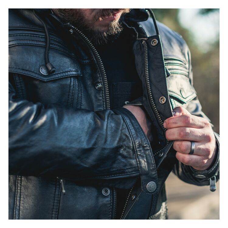 First Manufacturing Vendetta Jacket featuring a removable hoodie, leather and denim blend, and multiple pockets for storage.