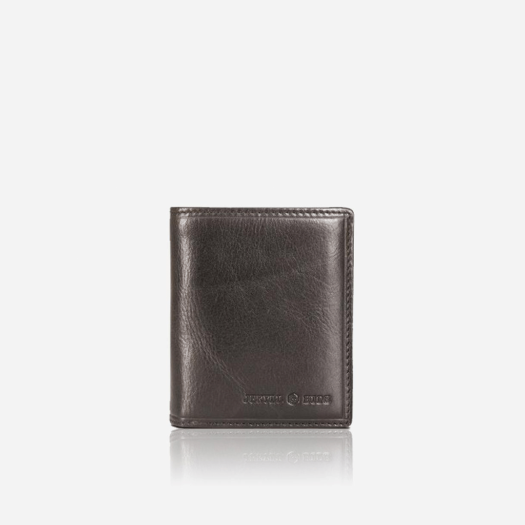 Black Flip Over Leather Wallet with RFID protection, featuring a stylish book-shaped design and ample storage for cards and cash.