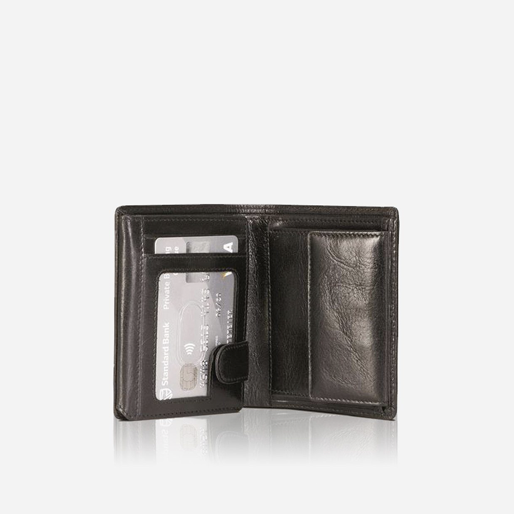 Black Flip Over Leather Wallet with RFID protection, featuring a stylish book-shaped design and ample storage for cards and cash.