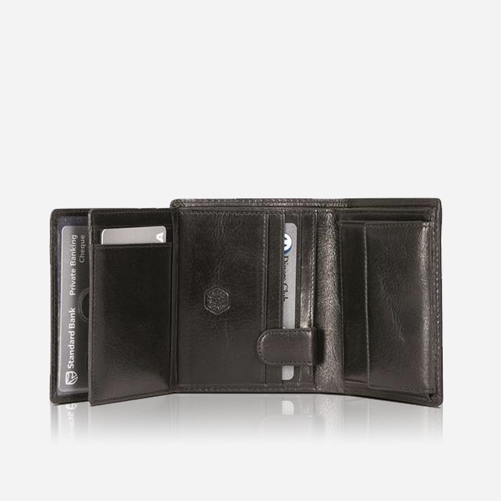 Black Flip Over Leather Wallet with RFID protection, featuring a stylish book-shaped design and ample storage for cards and cash.